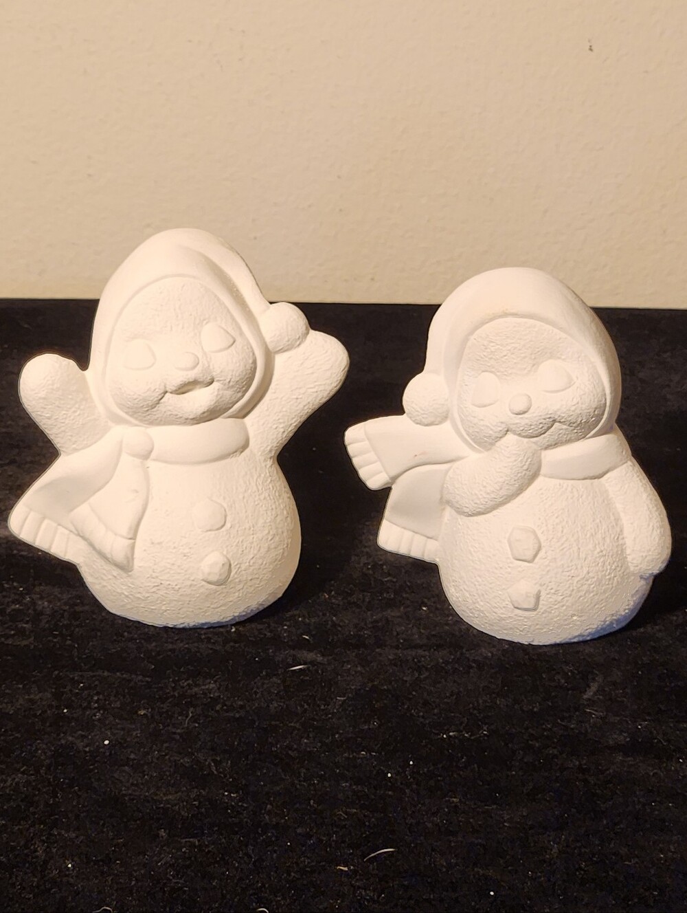 Two Vintage Unpainted Ceramic Bisque Snowmen Christmas Winter Decorations